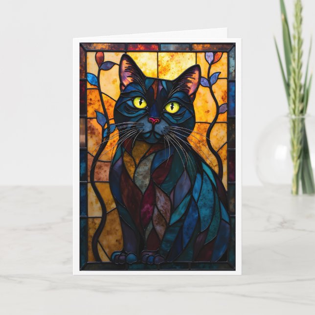 Cartão Gato Preto Estilo Vitral com Folhas (Frente)