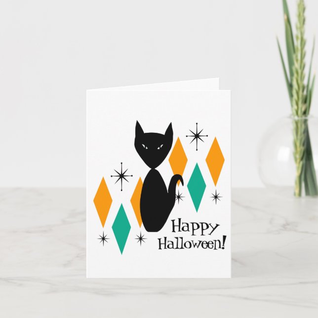 Cartão Gato Preto Feliz Halloween em Estilo Moderno de Me (Frente)