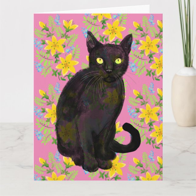 Cartão gato preto floral (Frente)