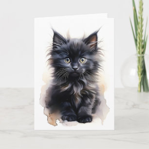 Cartão Gato Preto Fofo de Cabelo Comprido Aquarela em Bra