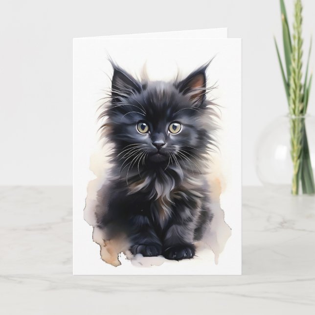 Cartão Gato Preto Fofo de Cabelo Comprido Aquarela em Bra (Frente)