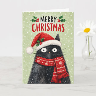 Cartão Gato preto fofo de chapéu de Papai Noel e cachecol