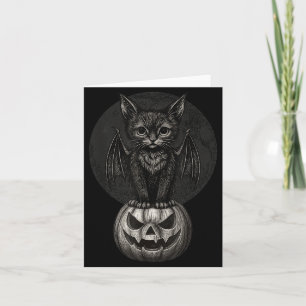 Cartão Gato Preto Fofo de Halloween com Asas de Morcego n