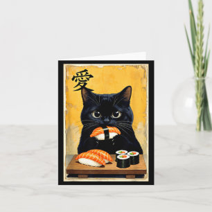 Cartão Gato Preto Fofo Kawaii Comendo Sushi Japonês Engra