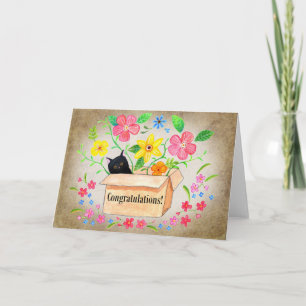 Cartão Gato Preto Fofo numa Caixa de Congratulações Flora