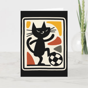 Cartão Gato Preto Jogando Futebol Arte em Estilo Retro Es
