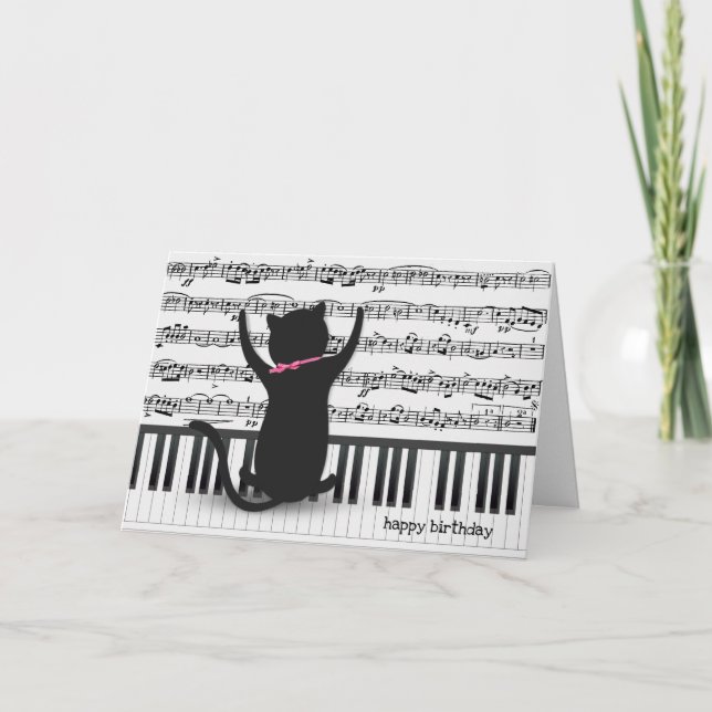 Cartão gato preto no aniversário de piano (Frente)