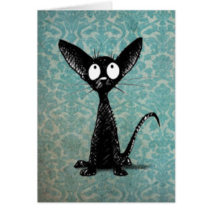Cartão Gato preto pequeno engraçado no damasco do azul d