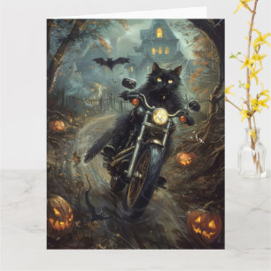 Cartão Gato Preto Pilotando Moto Halloween Assustador