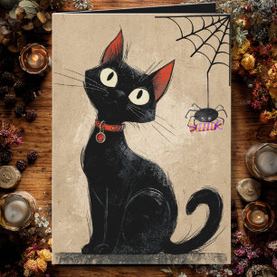 Cartão Gato Preto Vintage Fofo Aranha Gótico Halloween