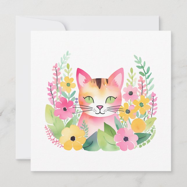 Cartão Gato Rosa Aquarela e Flores de Verão  (Frente)