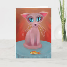 Cartão Gato Rosa com um Peixe Dourado numa Mesa Azul
