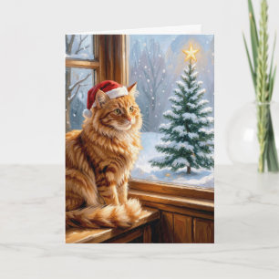 Cartão Gato Ruivo de Natal na Janela da Casa de Campo