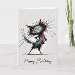 Cartão Gato Sassy de Aniversário Usando Óculos Vermelhos
