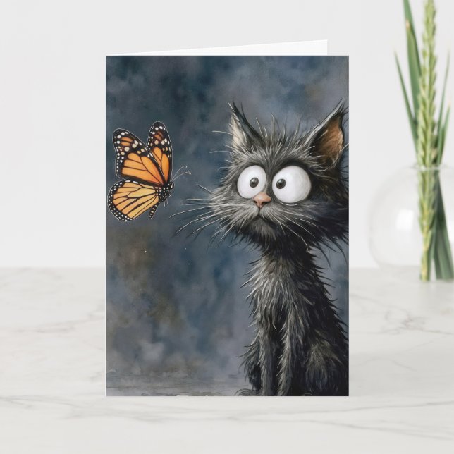 Cartão Gato Scruffy de Aniversário com Borboleta (Frente)