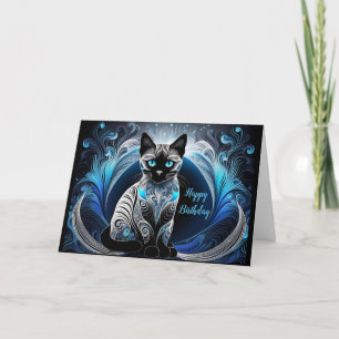 Cartão Gato siamês, abstrato azul e branco Aniversário
