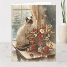 Gato Siames arranjando Flores Inverno Natal