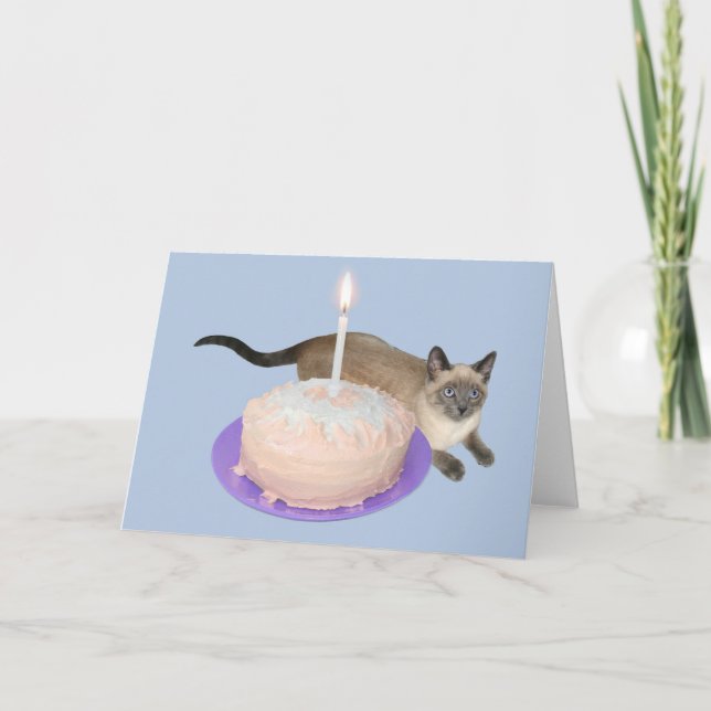 Cartão Gato Siamês com Bolo de Aniversário (Frente)
