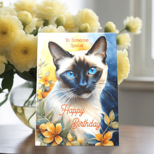Cartão Gato Siamês com Flores Laranja Amarelo Aniversário