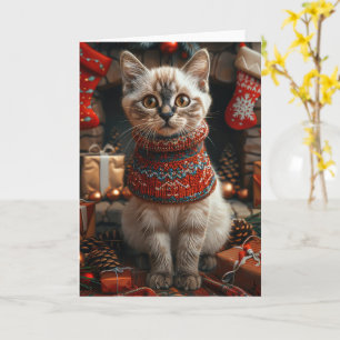 Cartão Gato Siamês com Lareira de presentes de Natal