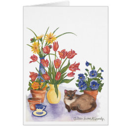 Cartão Gato Siamês Tulipas Pansies Watercolor "Chester"