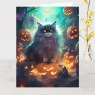 Cartão Gato Siberiano de Halloween com Abóboras Assustado