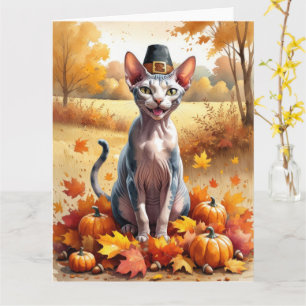 Cartão Gato Sphynx  Arte de Ação de Graças em Folhas de O