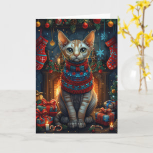 Cartão Gato Sphynx com Presentes de Natal Lareira