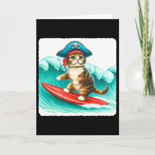 Cartão Gato Surfista Com Chapéu de Pirata na Prancha de S