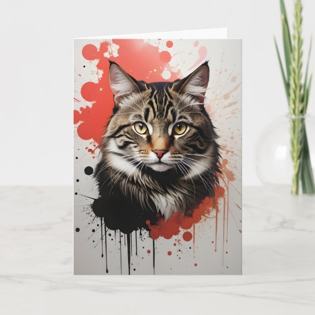 Cartão Gato Tabby Aguarela Arte de respingos Vermelho e P (Frente)