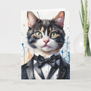 Cartão Gato Tabby Aguarela em Colete de Smoking Laço Pret
