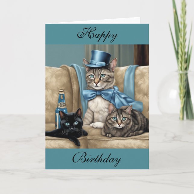 Cartão Gato tabby cinza com capa e chapéu de aniversário (Frente)