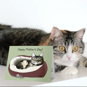 Cartão Gato Tabby Fofo Dia das Mães Verde