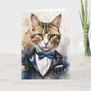 Cartão Gato Tabby Tuxedo e Gravata Borboleta Azul em Aqua