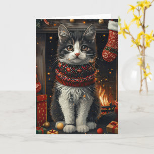 Cartão Gato Tuxedo com Presentes de Natal Lareira