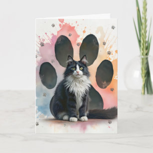 Cartão Gato Tuxedo de Aniversário com Impressões de Pata 