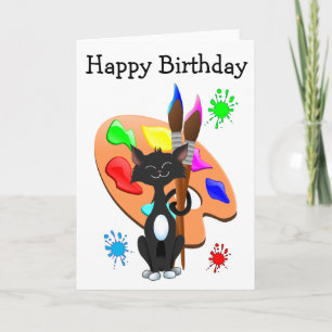 Cartão Gato Tuxedo e Paleta de Tinta de Aniversário