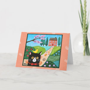 Cartão Gato Tuxedo e Pequeno Pássaro Amarelo Arte popular