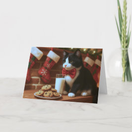 Cartão Gato Tuxedo Esperando pelo Papai Noel