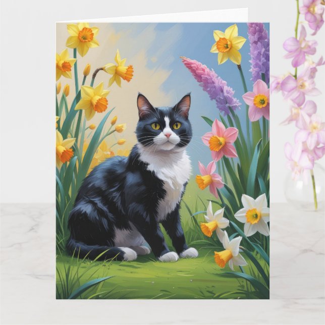 Cartão Gato Tuxedo Flores de Primavera Pintura (Orquídea)