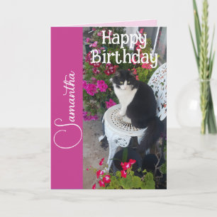 Cartão Gato Tuxedo Gatos e Flores Nome das Meninas Aniver