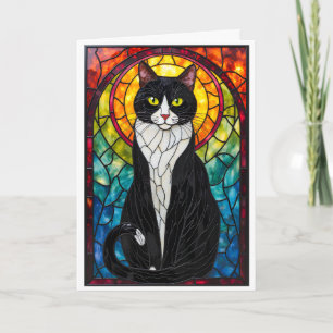 Cartão Gato Tuxedo Preto e Branco Estilo Vidro Colorido