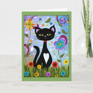Cartão Gato Tuxedo Sentado Em Um Jardim