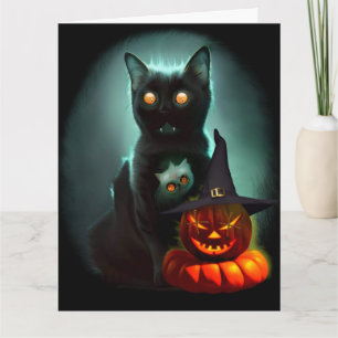 Cartão Gato Vampiro e Abóbora Mágica de Halloween Surreal