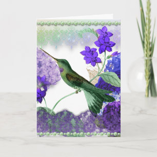 Cartão Gato verde com flores, rendas, pérolas