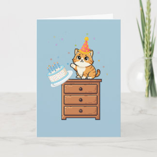 Cartão Gato Vermelho Engraçado Empurrando Bolo de Anivers