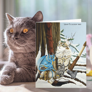 Cartão Gato Viking Azul Dragão Fantasia