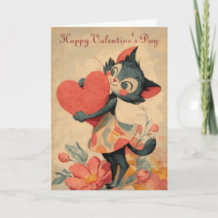 Cartão Gato Vintage do Dia dos Namorados com Coração