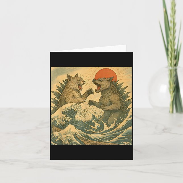 Cartão Gato Vs Cachorro Kaiju Monstro Japonês Estilo Ukiy (Frente)