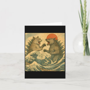 Cartão Gato Vs Monstro Kaiju Cachorro Japonês Estilo Ukiy